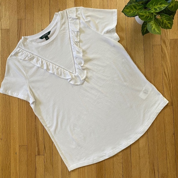 Lauren Ralph Lauren Eyelet Ruffle Trim Feminine Cotton White Tee Size L - Picture 10 of 10